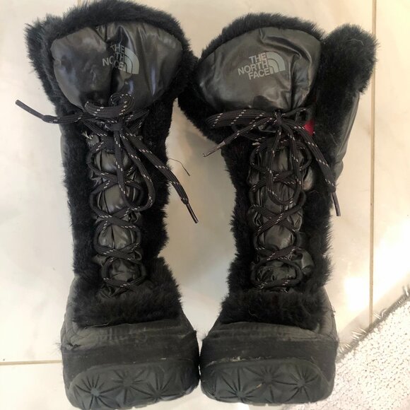 THE NORTH FACE Womens Alphy Nuptse Goose Down Boot Size 6 Black Faux Fur - Picture 1 of 10